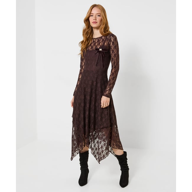 Robe Longue en Dentelle à Manches Longues Bella marron <span itemprop=