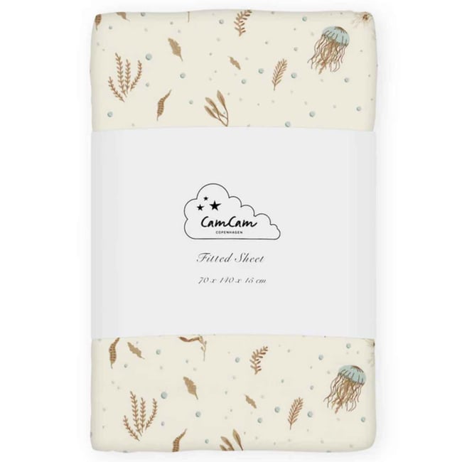 Drap housse bleu, marron, écru <span itemprop=