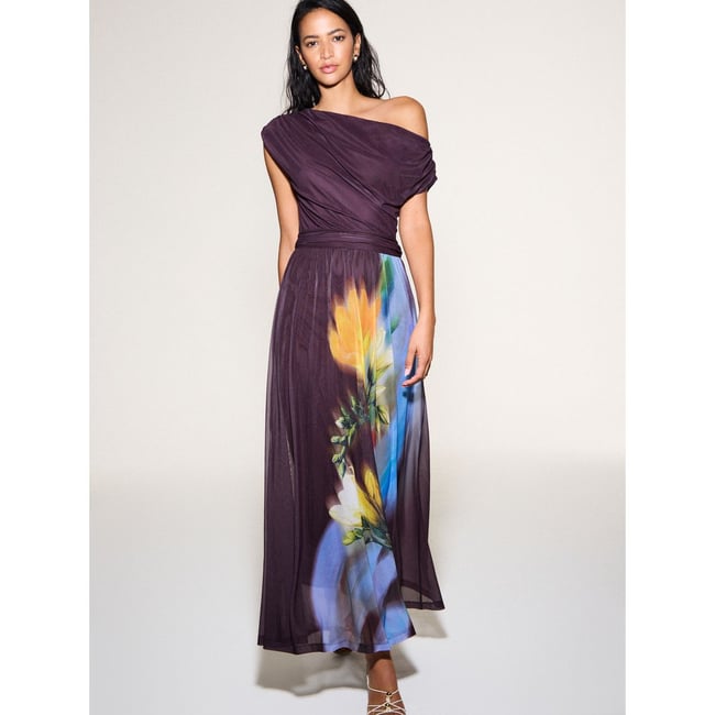 Robe mi-longue en mesh à épaules dénudées imprimé floral prune/jaune <span itemprop=