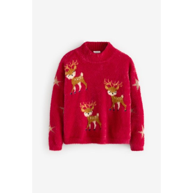 Pull renne duveteux rouge <span itemprop=