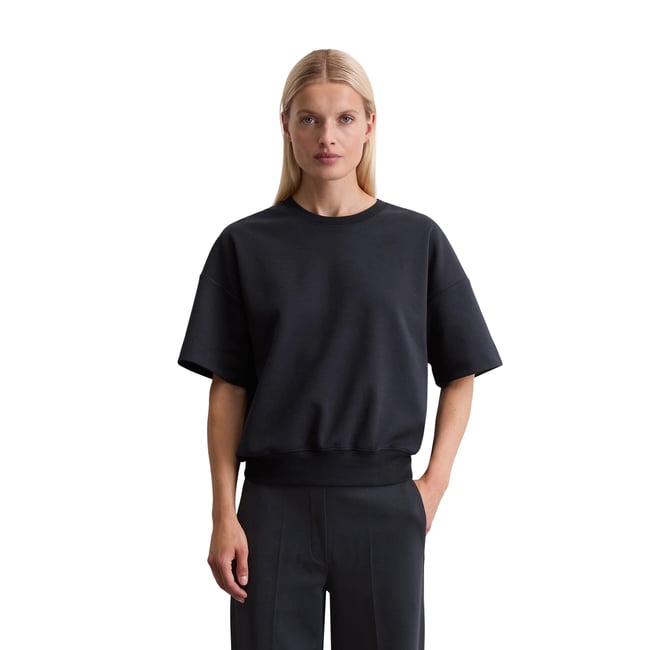 Sweat-shirt à manches courtes regular en jersey interlock bleu foncé <span itemprop=