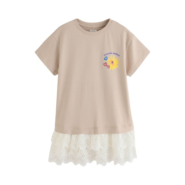 Robe t-shirt à ourlet brodé marron/naturel <span itemprop=