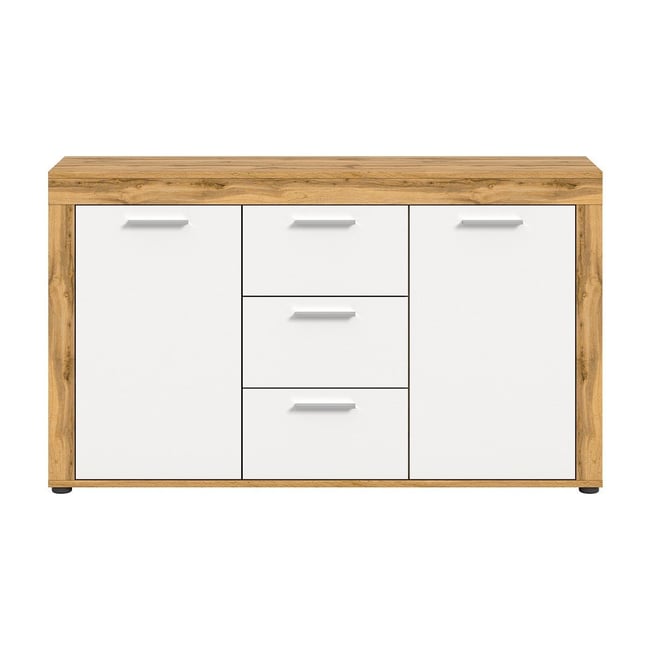 Buffet 2 portes et 3 tiroirs blanc et chêne wotan L125 cm - AOSTA Couleur blanc <span itemprop=
