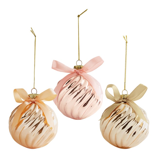 Coffret 3 boules côtelées Nœuds en verre Couleur or <span itemprop=