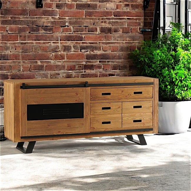 Buffet bas en pin massif brossé GREENWICH Couleur bois naturel <span itemprop=