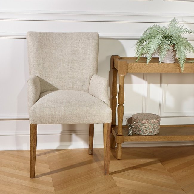 Fauteuil de table en bois massif et lin premium ALIX Couleur beige <span itemprop=