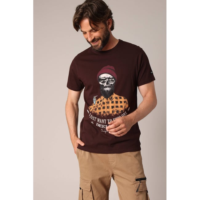 T-shirt en coton avec imprimé hipster barbu et le message « je veux juste explorer ». TELLSON walnut <span itemprop=