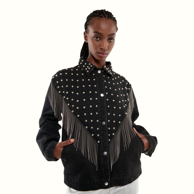 Veste en jean oversize clous et franges LUZ noir <span itemprop=