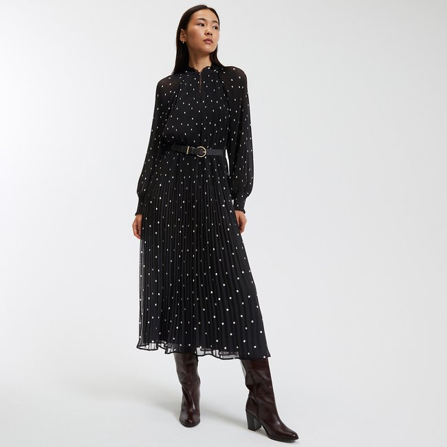 Polka Dot Midaxi Dress with Ruffled Neck polka dot print/black background LA REDOUTE COLLECTIONS