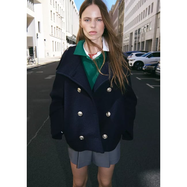 Manteau 100 % laine double boutonnage bleu marine <span itemprop=