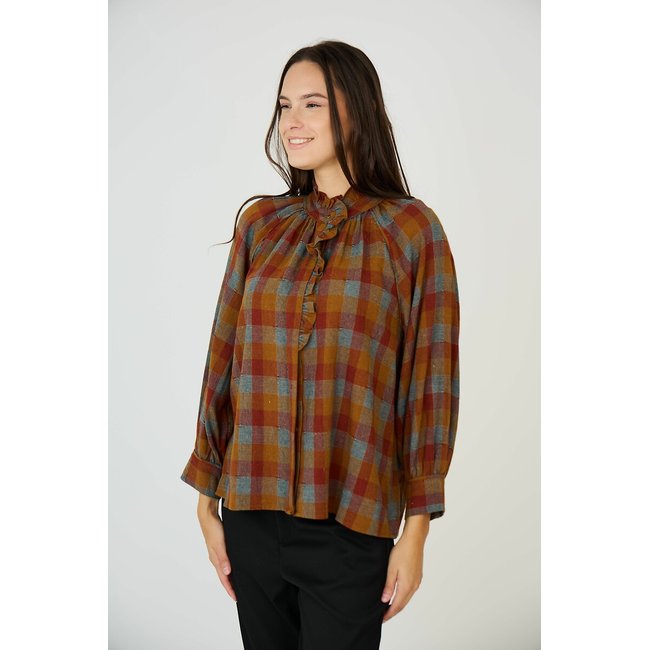 Blouse à carreaux, col mao orange <span itemprop=