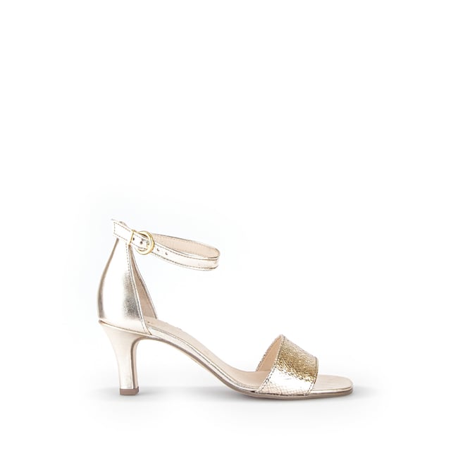Sandales en cuir imprimé reptile à talon covered décroché doré <span itemprop=