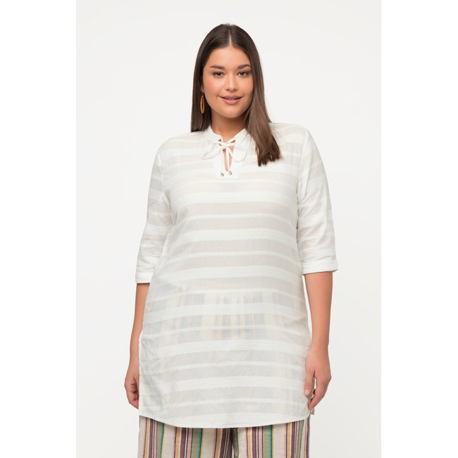 Tunique en coton bio. Motif. Col tunisien blanc cassé <span itemprop=