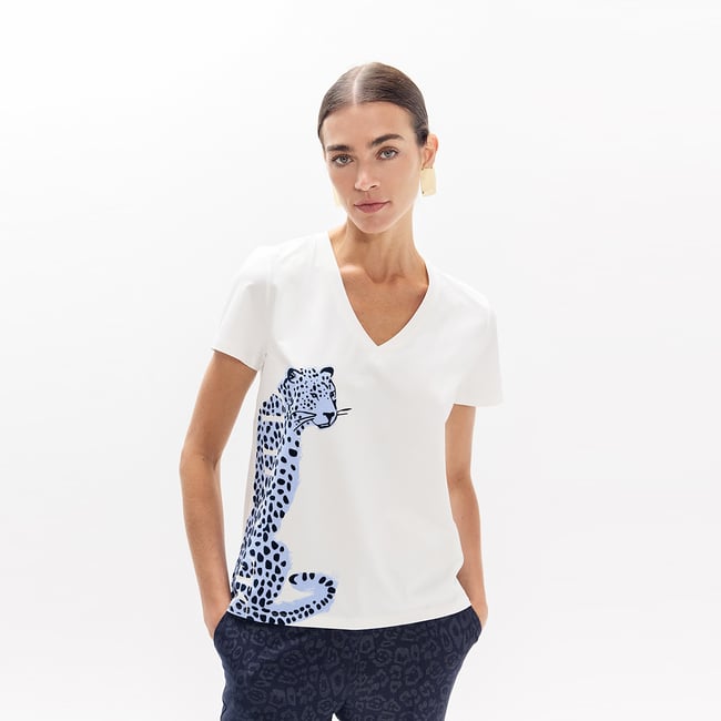 T-shirt col  V imprimé léopard à fentes latérales blanc <span itemprop=
