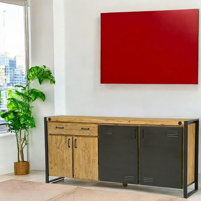 Buffet enfilade industriel bois métal 4 portes 1 tiroir boulons visibles 200cm BROOKLYN Couleur bois naturel <span itemprop=