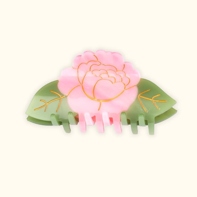 Pince à cheveux PIVOINE rose et vert <span itemprop=