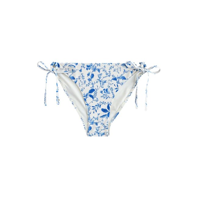 Bas de bikini noué sur les côtés blanc crème/bleu à petits motifs floraux <span itemprop=