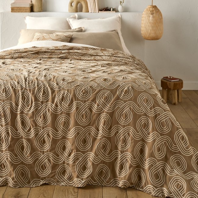 Belby Embroidered Cotton Bedspread, ecru/glazed brown, LA REDOUTE INTERIEURS