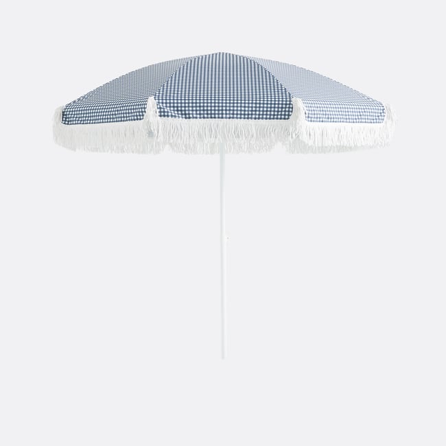 Parasol à franges, motif vichy, Aline blanc/bleu <span itemprop=