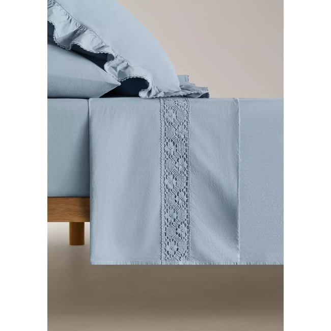 Drap plat percale de coton lavé détail dentelle lit 135/140 cm bleu <span itemprop=
