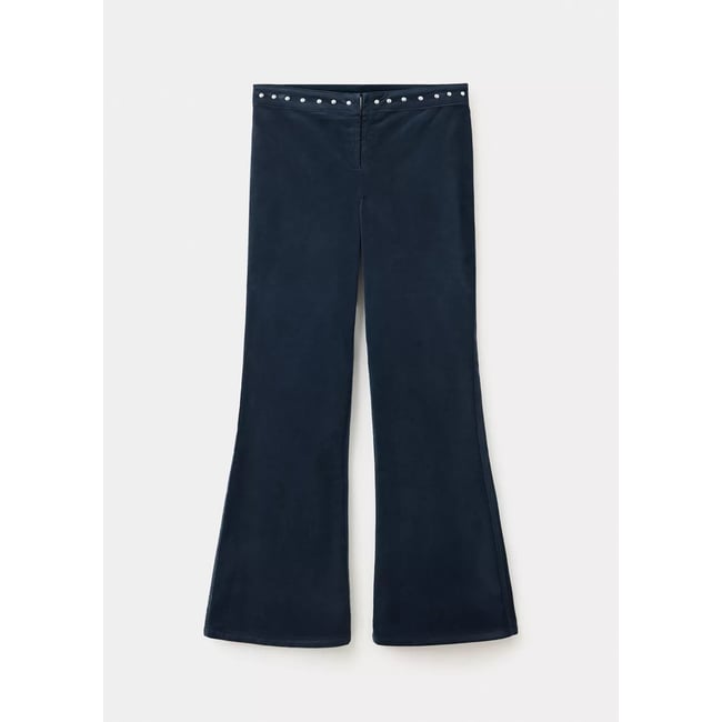 Pantalon évasé en velours côtelé à clous bleu marine <span itemprop=