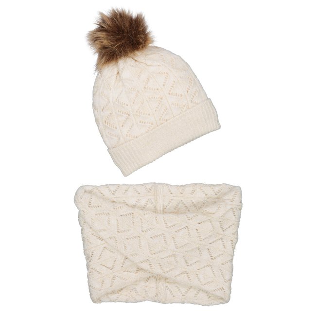 Conjunto gorro e gola snood, em malha ajurada cru <span itemprop=
