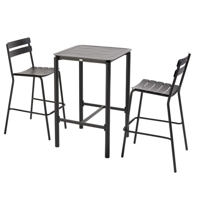 Table haute de terrasse carrée et 2 chaises en aluminium, ALMADA noir <span itemprop=