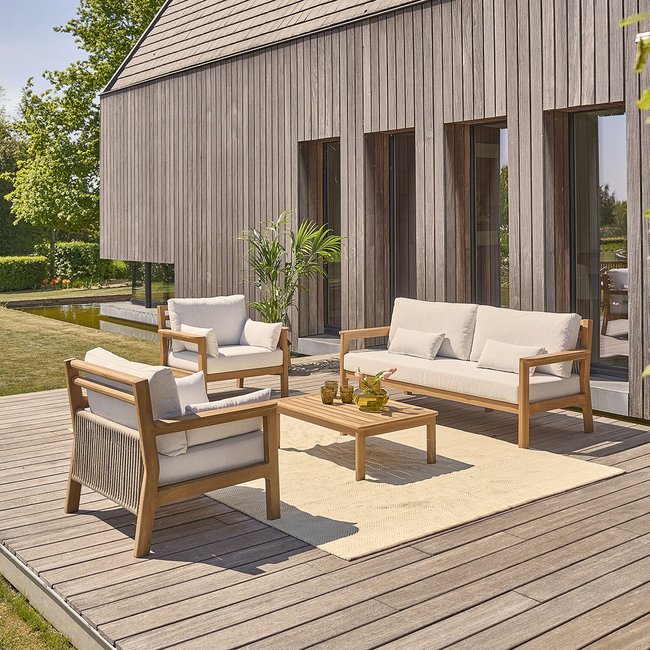 Salon bas de jardin en teck massif avec coussins  MAORA naturel <span itemprop=