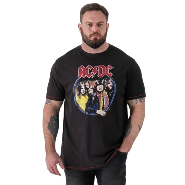 T-shirt motif/style AC/DC HUGH HIGHWAY TO HELL noir délavé <span itemprop=