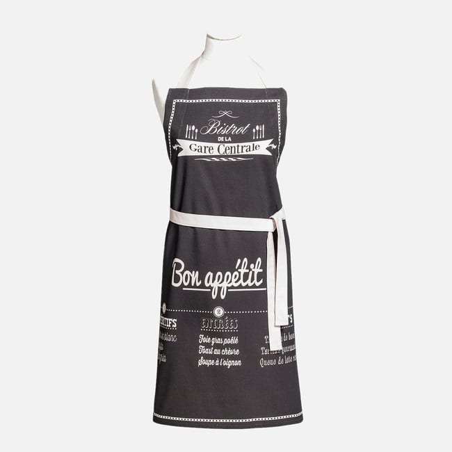 Tablier de cuisine imprimé coton BON APPÉTIT gris anthracite <span itemprop=