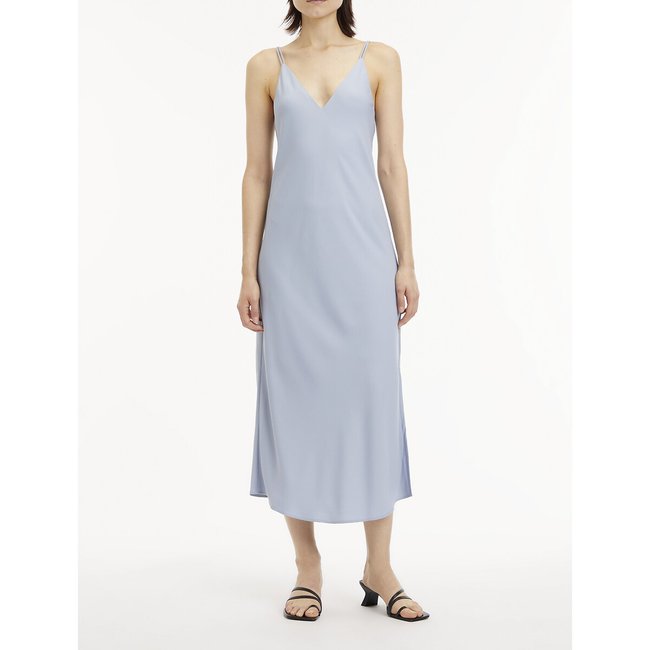 Vestido comprido de alças finas azul-acinzentado <span itemprop=