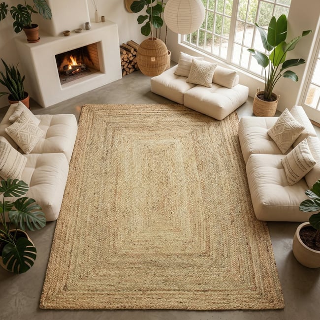 Tapis en jute tressé  artisanal VEGETAL JUTE - style bohème Couleur beige <span itemprop=