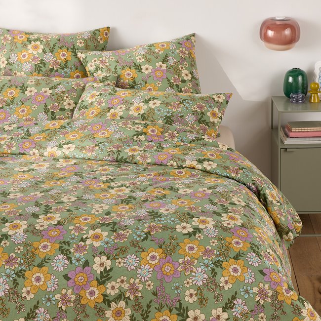Housse de couette en coton/lin lavé, Rosemary vert imprimé fleurs <span itemprop=