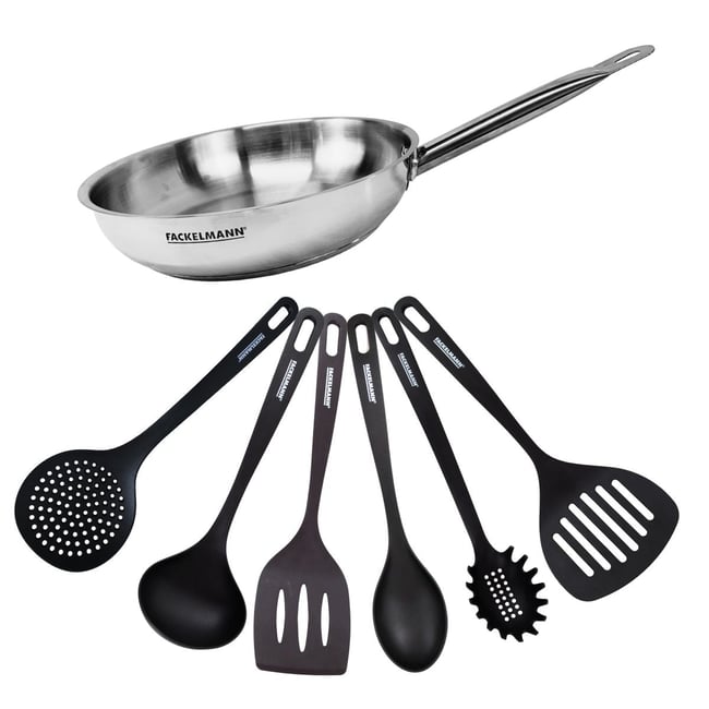 Set de 1 poêle 28 cm en inox et 6 ustensiles ETERNA inox|noir <span itemprop=