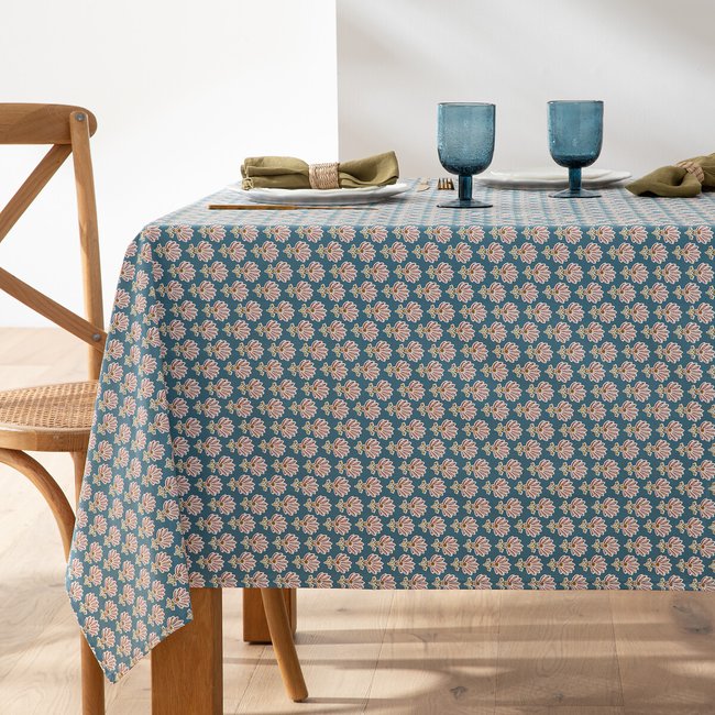 Nappe imprimée coton enduit Nadesha imprimé fond bleu <span itemprop=