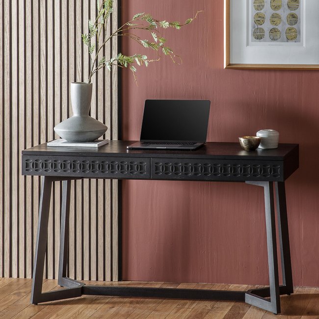Barauni Boho Carved Wood 2 Drawer Desk - SO'HOME