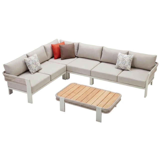 Salon de jardin 5 places, canapé d'angle + table basse BORROMEO beige <span itemprop=