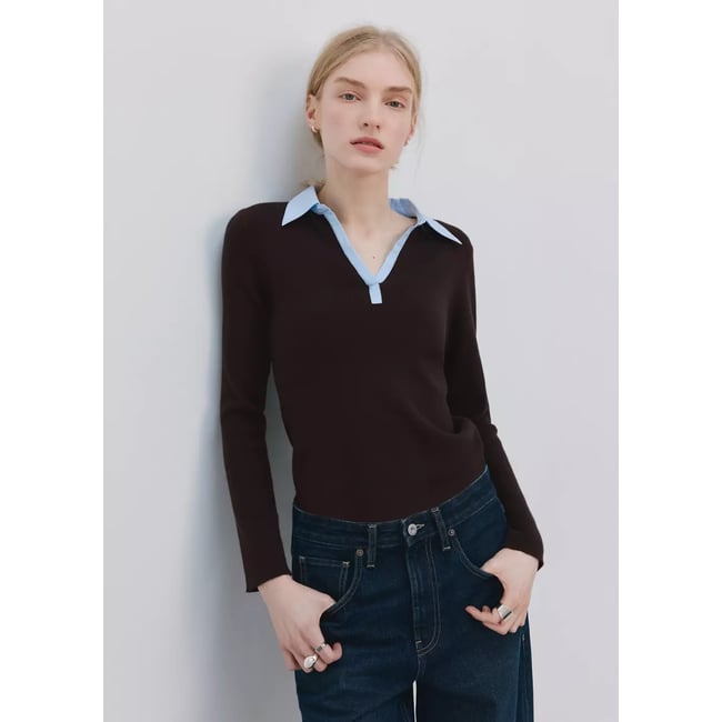 Pull-over col chemise combiné chocolat <span itemprop=