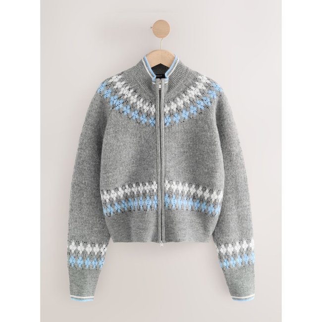 Cardigan aviateur zippé en maille gris multi argyle <span itemprop=