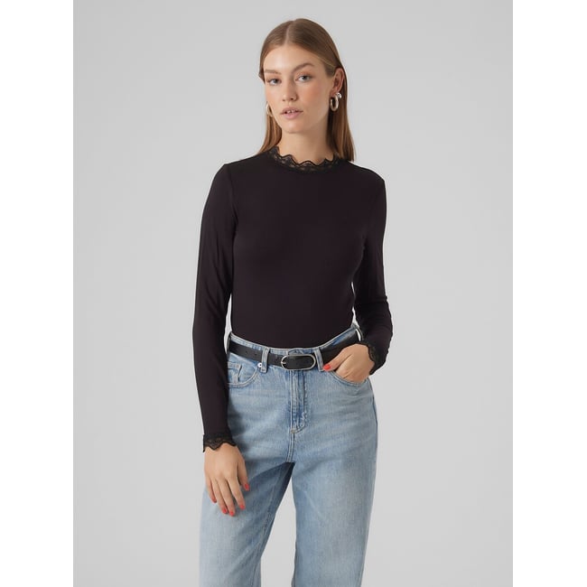 T-shirt manches longues, détail en dentelle noir <span itemprop=