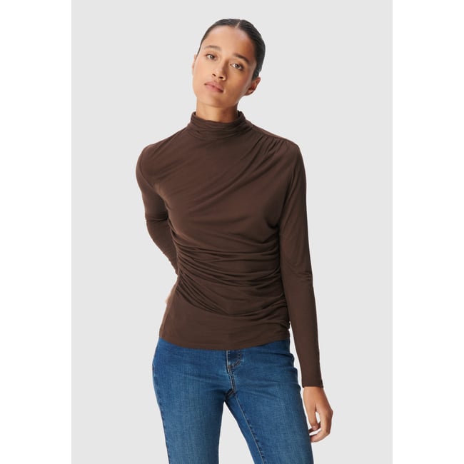 Tee-shirt col montant effets drapés marron foncé <span itemprop=