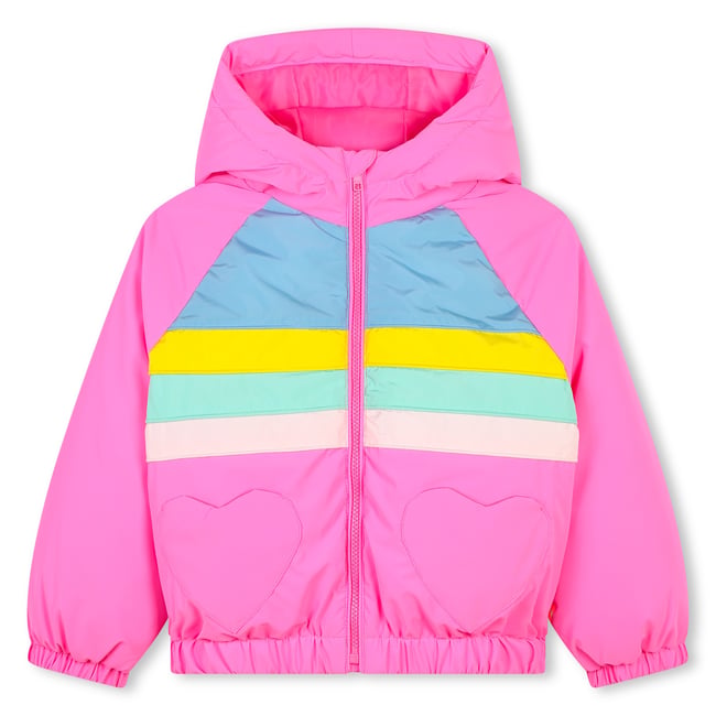 Doudoune multicolore à capuche rose flash <span itemprop=