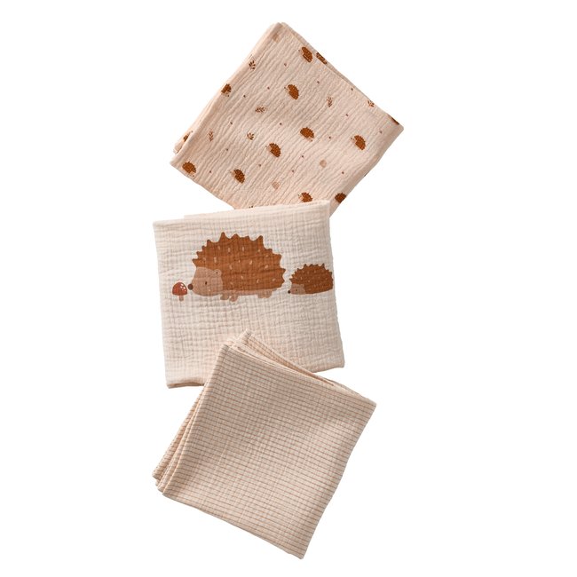 Lot de 3 langes en gaze de coton HERISSON beige imprimé <span itemprop=