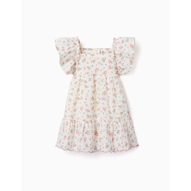 Robe en coton avec motif floral et volants beige clair <span itemprop=