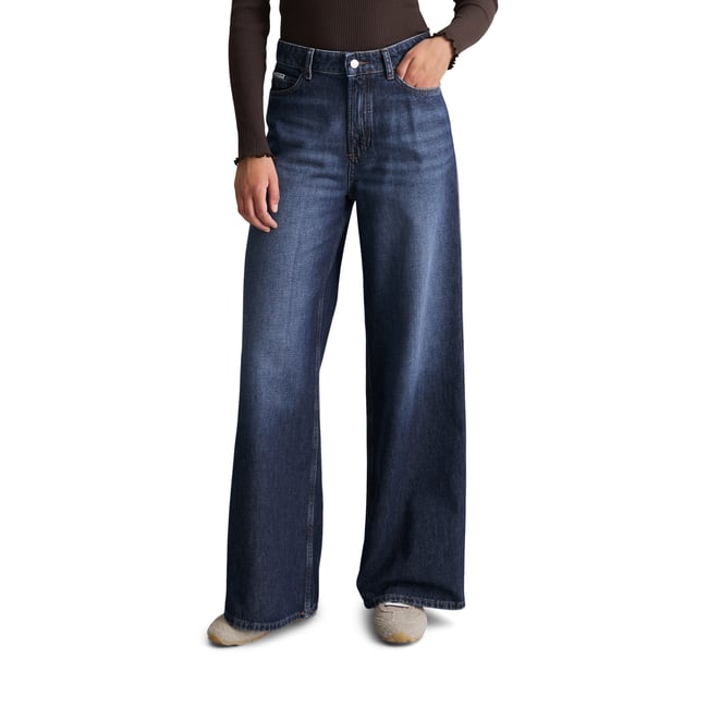 Jeans modèle Anjo wide en denim rigide sans élasthanne bleu <span itemprop=
