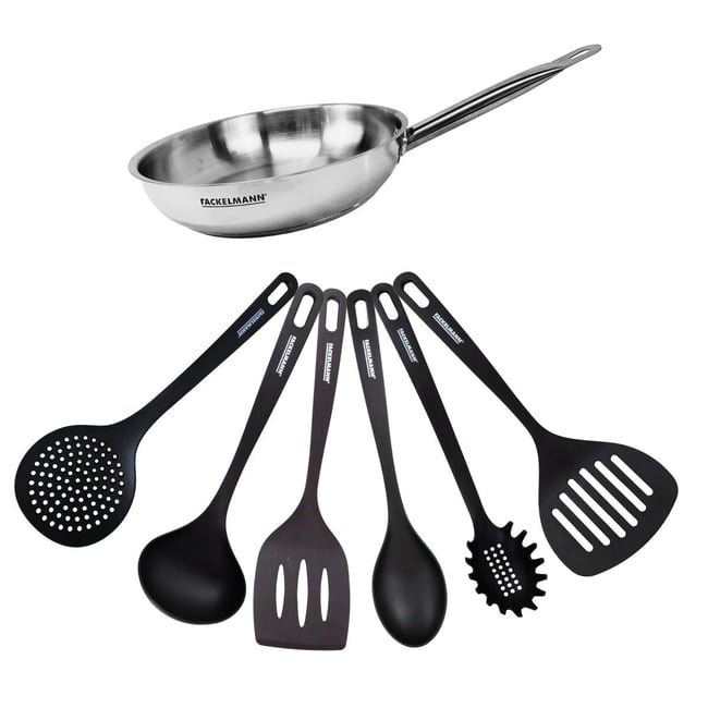 Set de 1 poêle 24 cm en inox et 6 ustensiles ETERNA inox|noir <span itemprop=