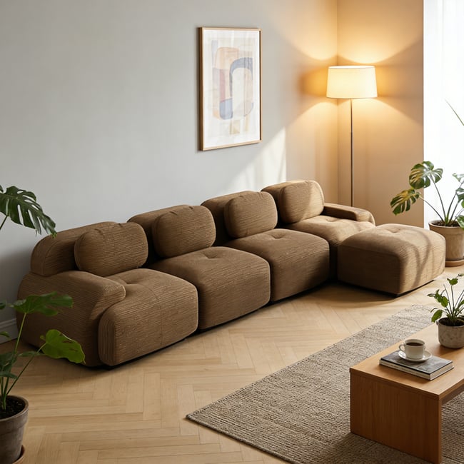 Canapé droit 4 places avec pouf en velours côtelé design moderne, SNOW - MEUBLES COSY