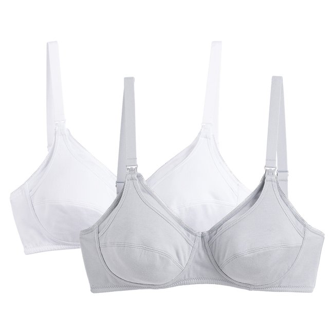 Pack of 2 Nursing Bras in Cotton, white + grey, LA REDOUTE COLLECTIONS