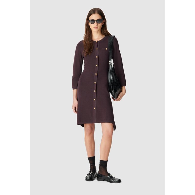 Robe tricot boutonnée violet aubergine <span itemprop=