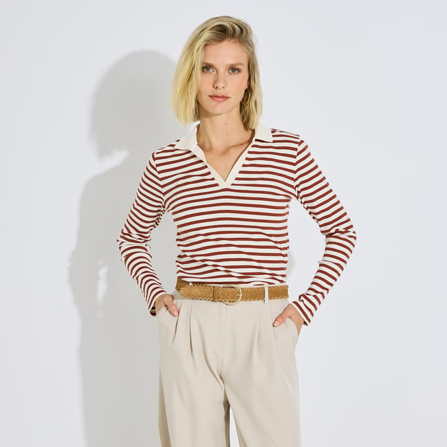 T-shirt col polo rayé orange bordeaux <span itemprop=